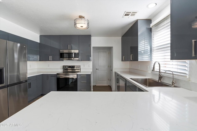 kitchen featuring gray cabinetry, sink, and stainless steel appliances