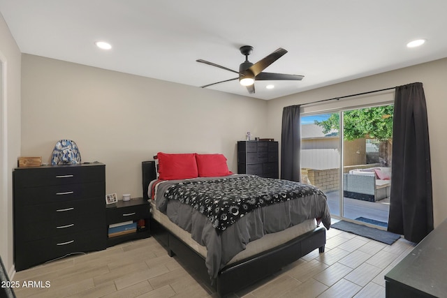 bedroom featuring access to exterior, recessed lighting, ceiling fan, and wood tiled floor