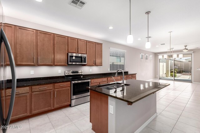 kitchen with visible vents, a sink, brown cabinetry, and appliances with stainless steel finishes