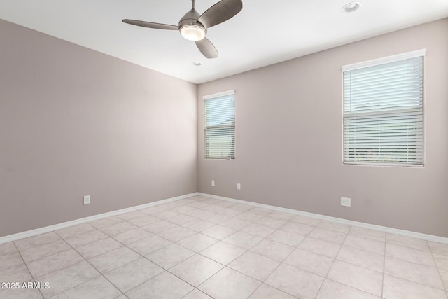 unfurnished room featuring recessed lighting, baseboards, and ceiling fan