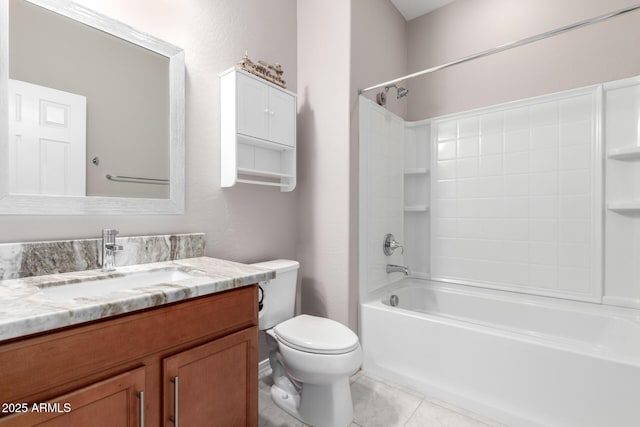bathroom with shower / bathing tub combination, tile patterned floors, toilet, and vanity