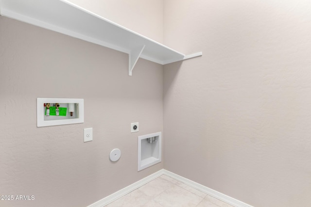 washroom featuring hookup for a gas dryer, hookup for a washing machine, baseboards, laundry area, and electric dryer hookup
