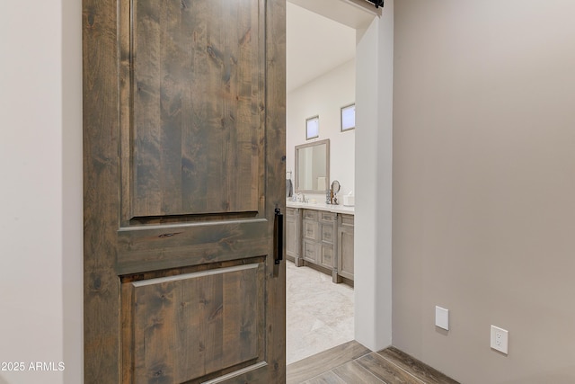 bathroom with hardwood / wood-style flooring and vanity