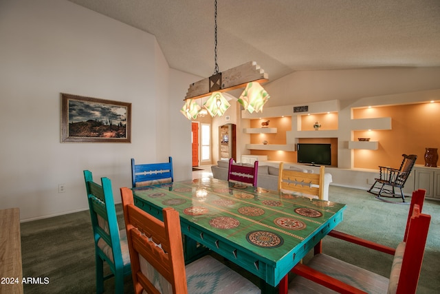 carpeted dining area featuring lofted ceiling and a textured ceiling