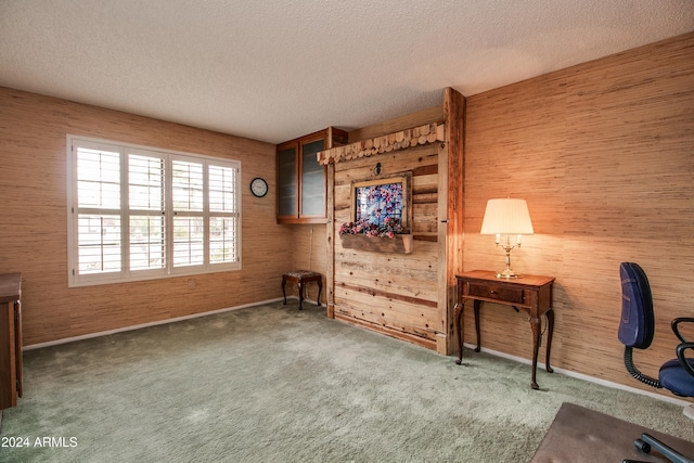 unfurnished office featuring wood walls, a textured ceiling, and dark carpet