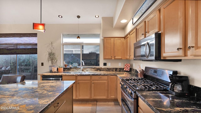 kitchen with hanging light fixtures, sink, light hardwood / wood-style flooring, dark stone countertops, and appliances with stainless steel finishes