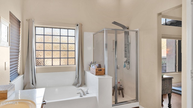 bathroom featuring separate shower and tub, a wealth of natural light, and vanity