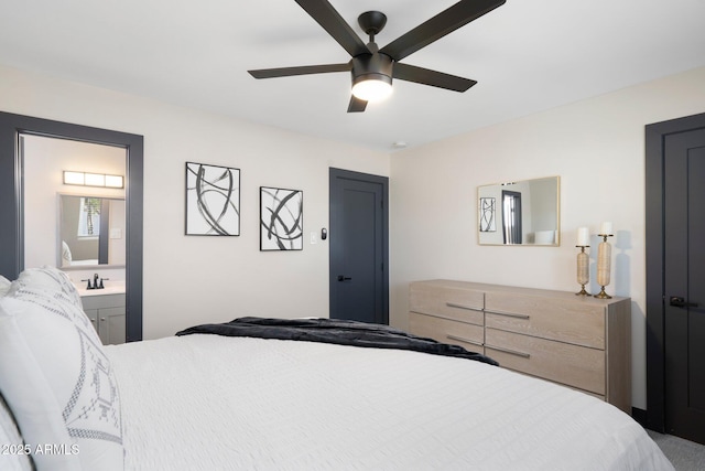 bedroom with connected bathroom and ceiling fan