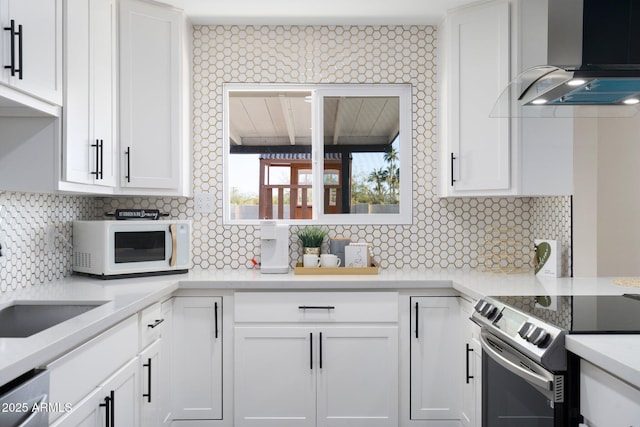 kitchen featuring exhaust hood, appliances with stainless steel finishes, a sink, tasteful backsplash, and white cabinetry