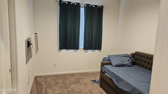 bedroom featuring light colored carpet