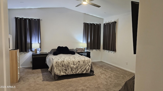 carpeted bedroom with lofted ceiling and ceiling fan