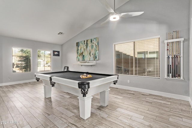 recreation room featuring ceiling fan, high vaulted ceiling, light hardwood / wood-style floors, and billiards