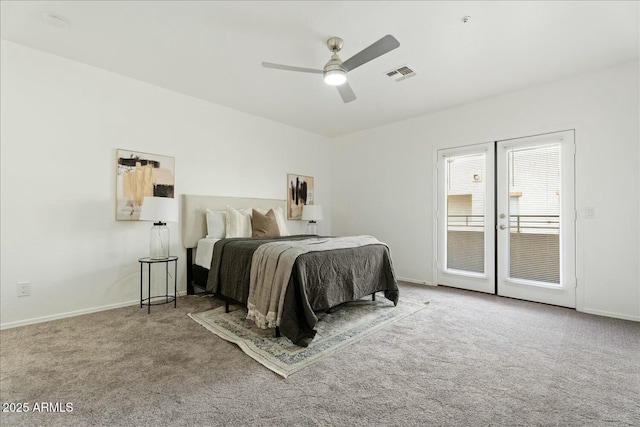 carpeted bedroom with access to exterior, baseboards, visible vents, and ceiling fan