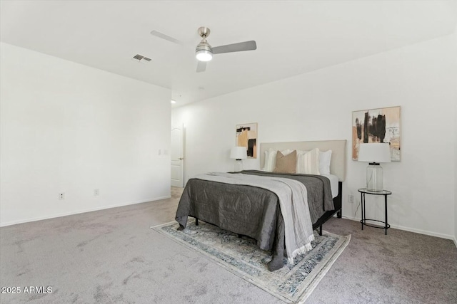 bedroom with visible vents, baseboards, ceiling fan, and carpet flooring