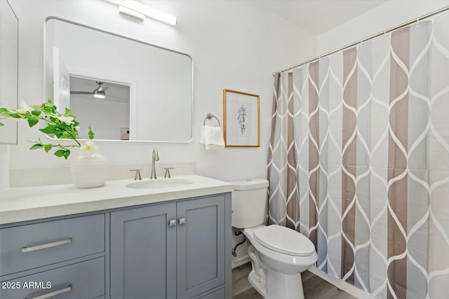 bathroom with vanity, a shower with curtain, toilet, and wood finished floors