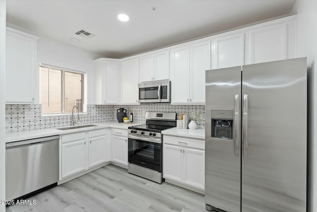 kitchen featuring white cabinets, tasteful backsplash, appliances with stainless steel finishes, and a sink