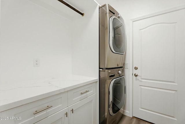 washroom featuring cabinet space, wood finished floors, and stacked washing maching and dryer