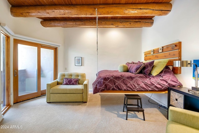 bedroom featuring access to outside, wooden ceiling, and beam ceiling