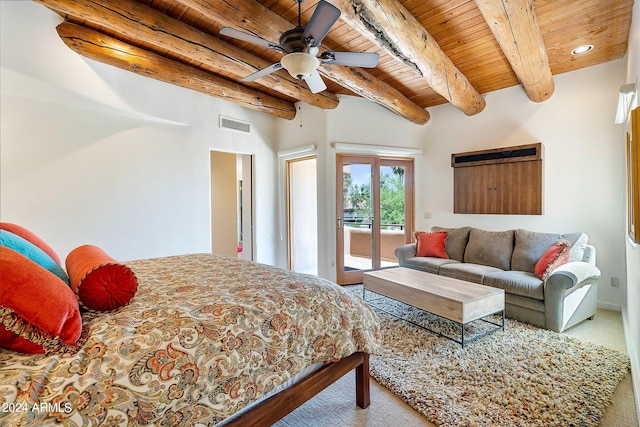 bedroom featuring carpet floors, ceiling fan, access to exterior, beamed ceiling, and wood ceiling