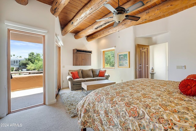 carpeted bedroom featuring access to outside, ceiling fan, wood ceiling, and beam ceiling