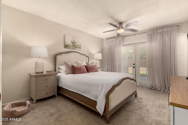 1676 W Sequoia Dr, Phoenix, AZ 85027 - bedroom with light colored carpet, access to exterior, french doors, a textured ceiling, and ceiling fan