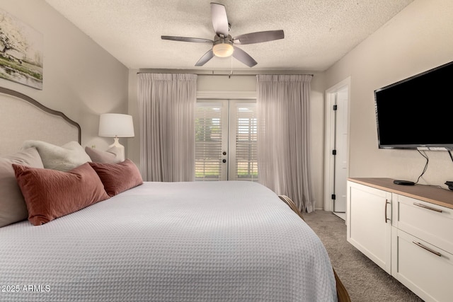 1676 W Sequoia Dr, Phoenix, AZ 85027 - bedroom featuring french doors, light carpet, a textured ceiling, access to outside, and a ceiling fan