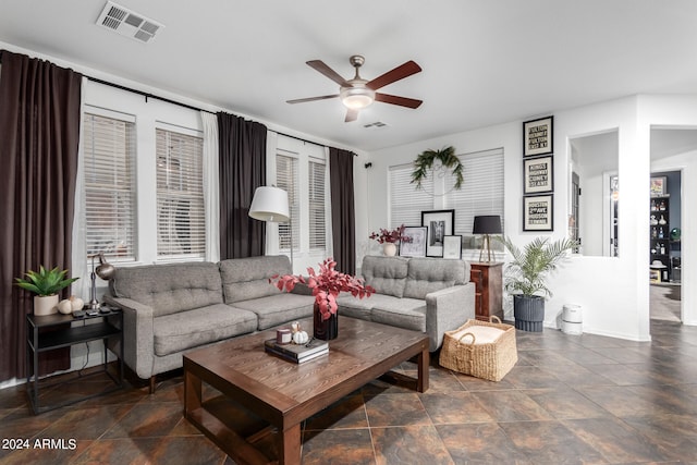 living room featuring ceiling fan