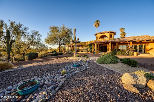 rear view of house featuring a tile roof and stucco siding