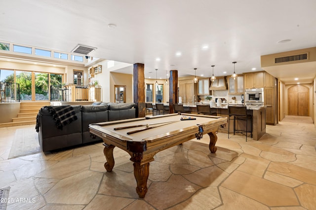 playroom featuring recessed lighting, stone tile floors, visible vents, and pool table