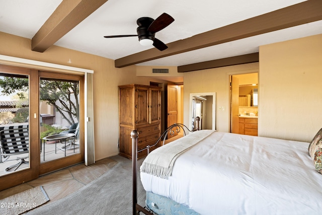 bedroom featuring ceiling fan, visible vents, access to exterior, beam ceiling, and ensuite bath