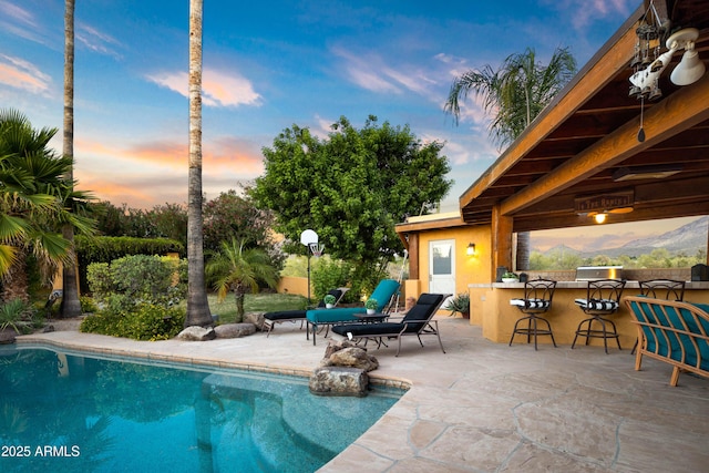 view of pool featuring outdoor dry bar, a patio area, and a fenced in pool