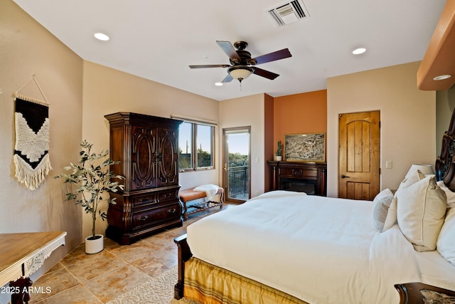 bedroom featuring ceiling fan, recessed lighting, visible vents, and access to exterior