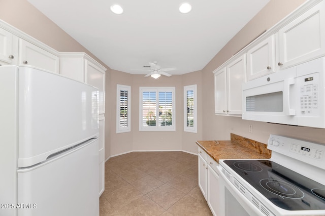 kitchen featuring white cabinets, white appliances, ceiling fan, and light tile patterned flooring