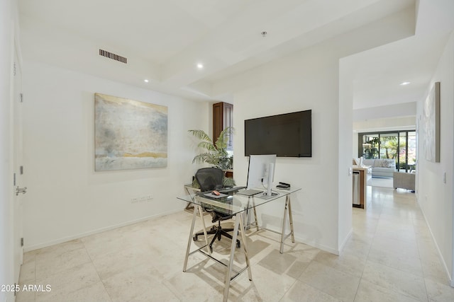 unfurnished office with visible vents, baseboards, and recessed lighting