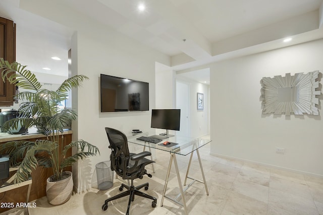 home office featuring recessed lighting and baseboards