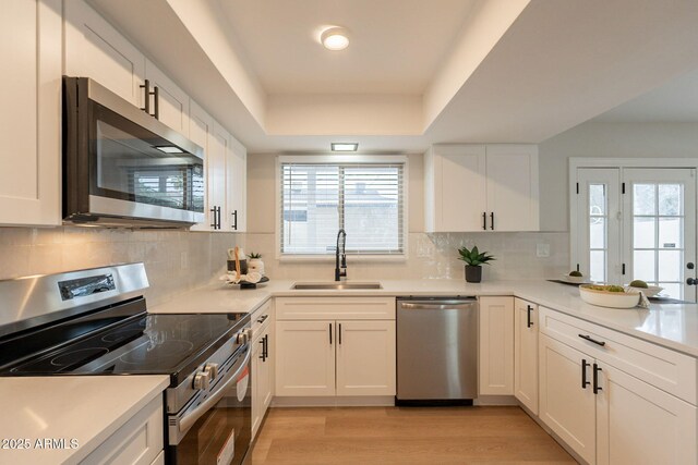 1301 N 44th St, Phoenix, AZ 85008 - kitchen featuring appliances with stainless steel finishes, a sink, white cabinets, and a tray ceiling
