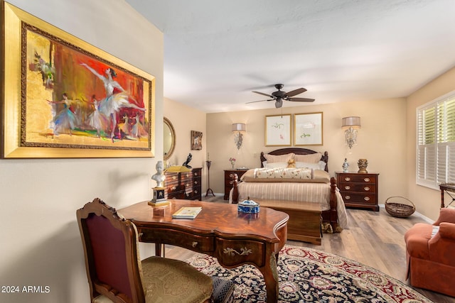 bedroom featuring ceiling fan and light hardwood / wood-style floors