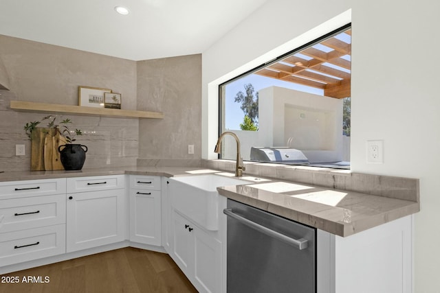 10013 N 106th Pl, Scottsdale, AZ 85258 - kitchen with tasteful backsplash, open shelves, dishwasher, white cabinetry, and a sink