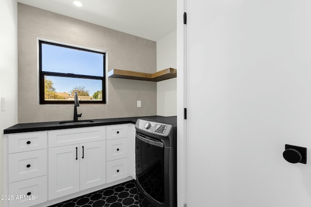 10013 N 106th Pl, Scottsdale, AZ 85258 - kitchen with dark countertops, open shelves, range, white cabinetry, and a sink