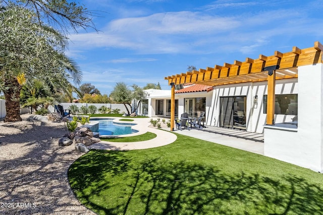 10013 N 106th Pl, Scottsdale, AZ 85258 - view of swimming pool with a fenced in pool, a yard, a fenced backyard, a patio area, and a pergola