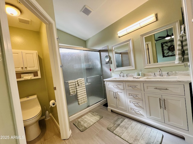 bathroom with toilet, vaulted ceiling, vanity, and a shower with shower door