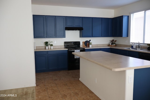 kitchen featuring a kitchen island, blue cabinetry, and black / electric stove