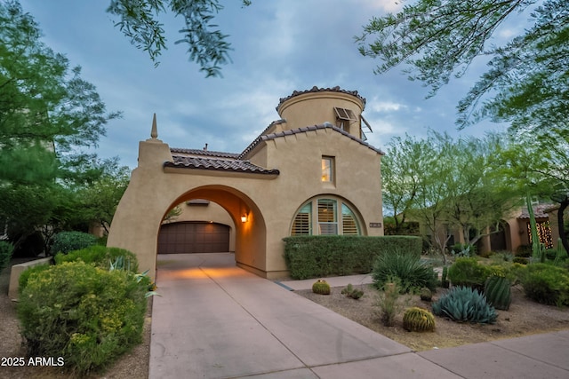 18283 N 93rd St, Scottsdale, AZ 85255 - mediterranean / spanish home with a garage, stucco siding, concrete driveway, and a tile roof
