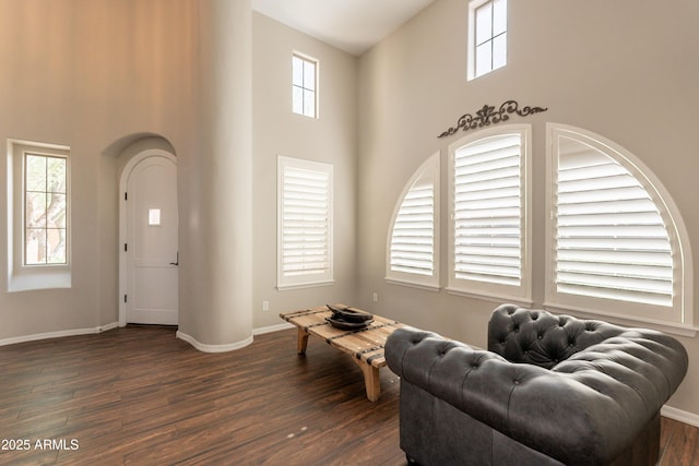 18283 N 93rd St, Scottsdale, AZ 85255 - living area with a towering ceiling, plenty of natural light, dark wood-style floors, and baseboards