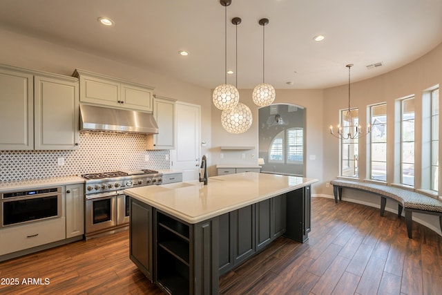 18283 N 93rd St, Scottsdale, AZ 85255 - kitchen featuring under cabinet range hood, a chandelier, appliances with stainless steel finishes, light countertops, and decorative backsplash