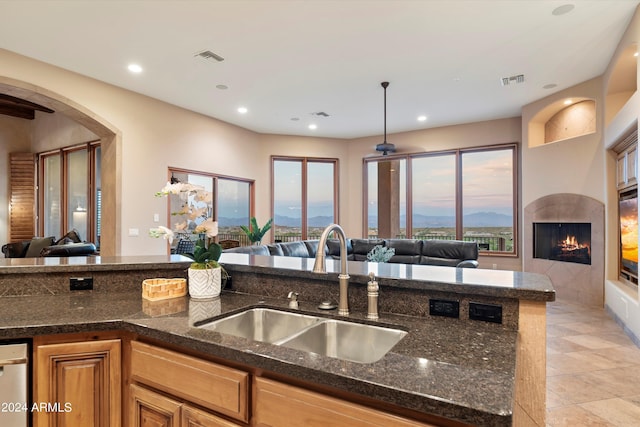 kitchen featuring dark stone countertops, stainless steel dishwasher, a tiled fireplace, and sink