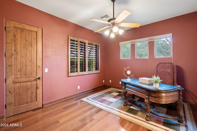 office featuring ceiling fan and wood-type flooring