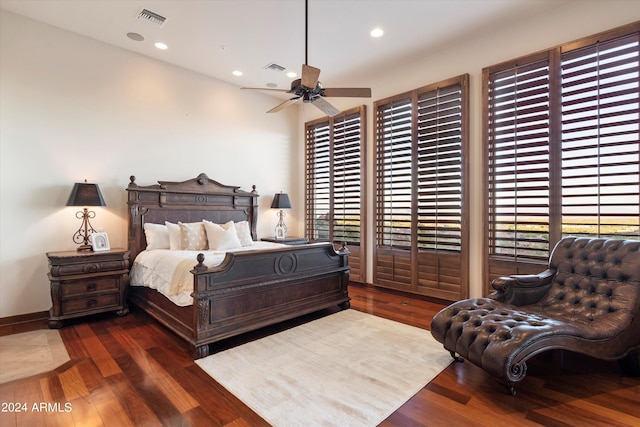 bedroom with ceiling fan, access to exterior, and dark hardwood / wood-style flooring