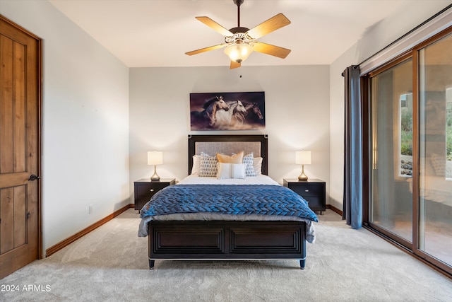 carpeted bedroom featuring ceiling fan and access to outside