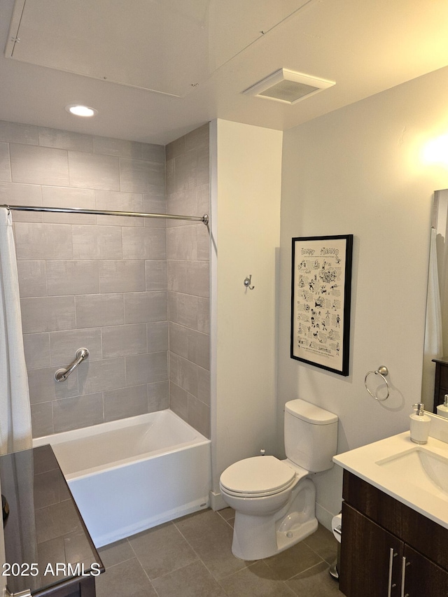 bathroom featuring vanity, shower / bathtub combination with curtain, visible vents, tile patterned floors, and toilet